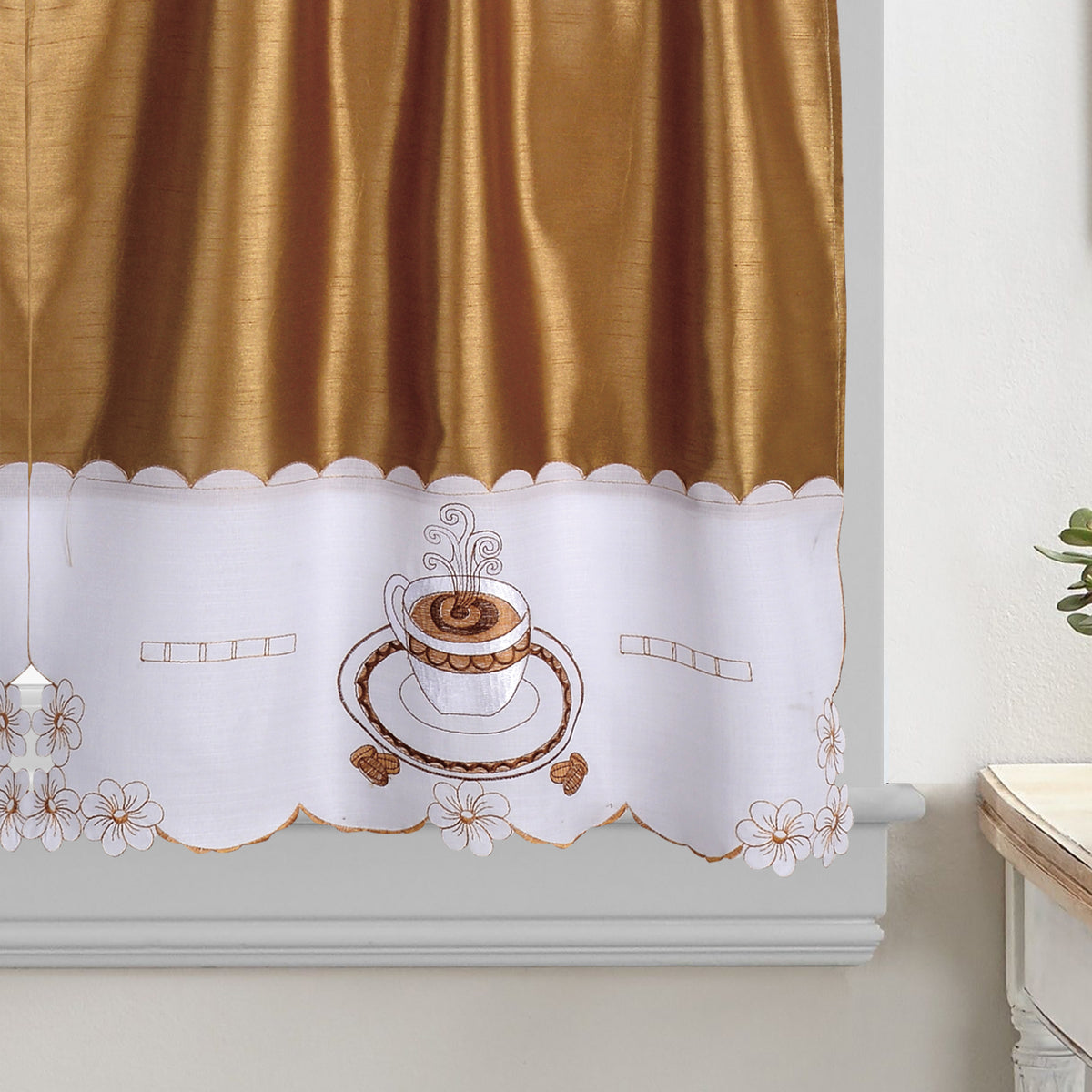 Gold Embroidered 3-Piece Kitchen Curtain Tiers & Swag Set, 58x36 & 28x36 inches T89259