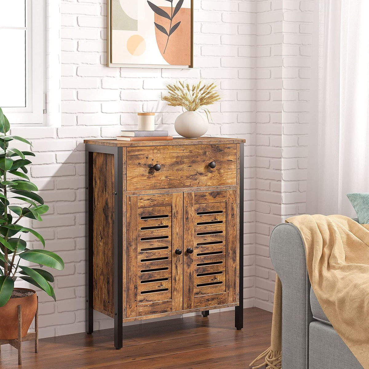 Rustic Brown Kitchen Sideboard Floor Storage Cabinet with Drawers and Height-Adjustable Shelves Z307