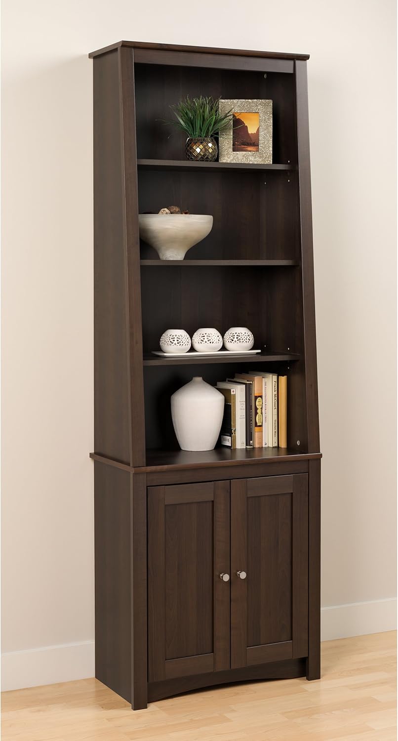 Espresso Tall Slant-Back Bookcase with 2 Shaker Doors W254