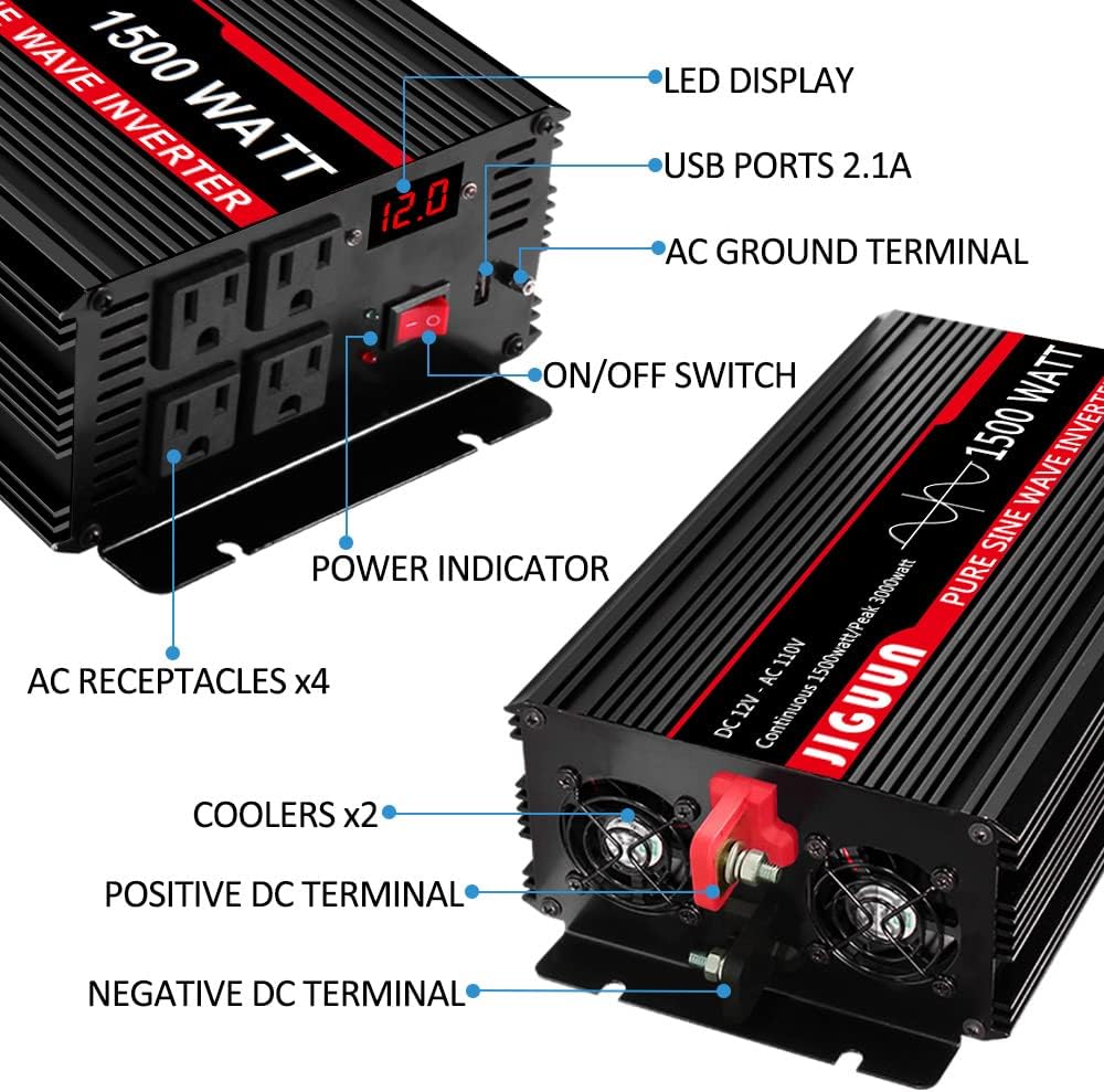 1500 Watt Pure Sine Wave Power Inverter DC 12V to AC 120V with 4 AC Outlets USB Output Wireless Remote Control F9889