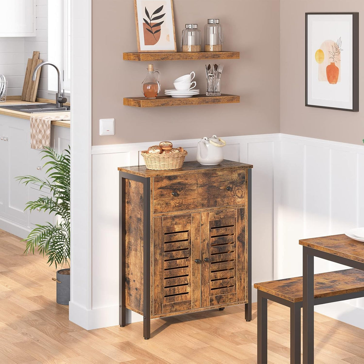 Rustic Brown Kitchen Sideboard Floor Storage Cabinet with Drawers and Height-Adjustable Shelves Z307