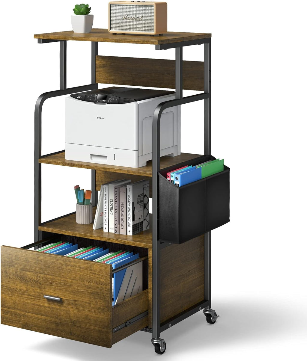 3 Tier Mobile Printer Stand with Drawer, Storage Bag, Metal Hook, Lockable Casters D6388