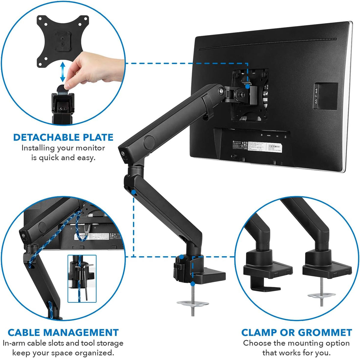 Single Monitor Arm Mount with C-Clamp and Grommet Bases F71721
