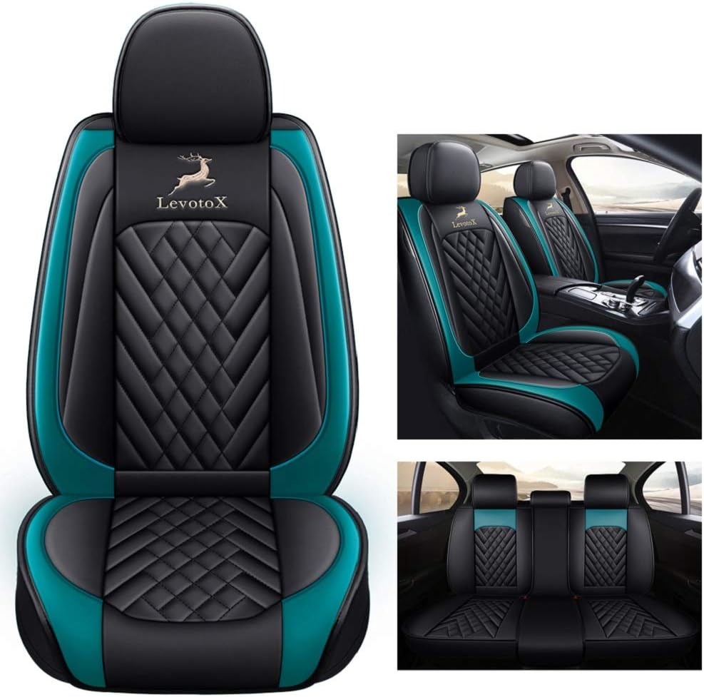 Black-Green Leather Car Seat Covers 5 Seats Full Set L90537
