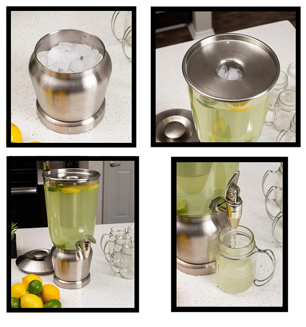 1.5 Gallon Stainless Steel Beverage Dispenser with Ice Container, Stand & Spigot I532