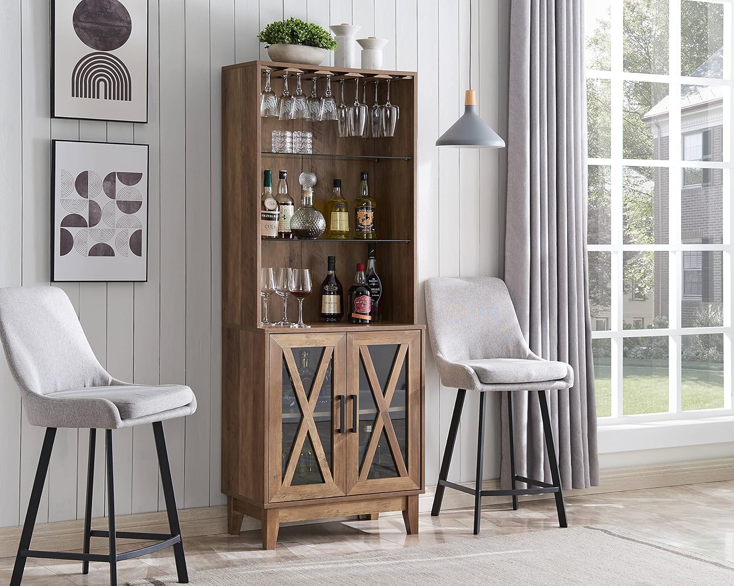 Grey Wash China Cabinet with Glass Shelves and Wire Mesh Doors M379233