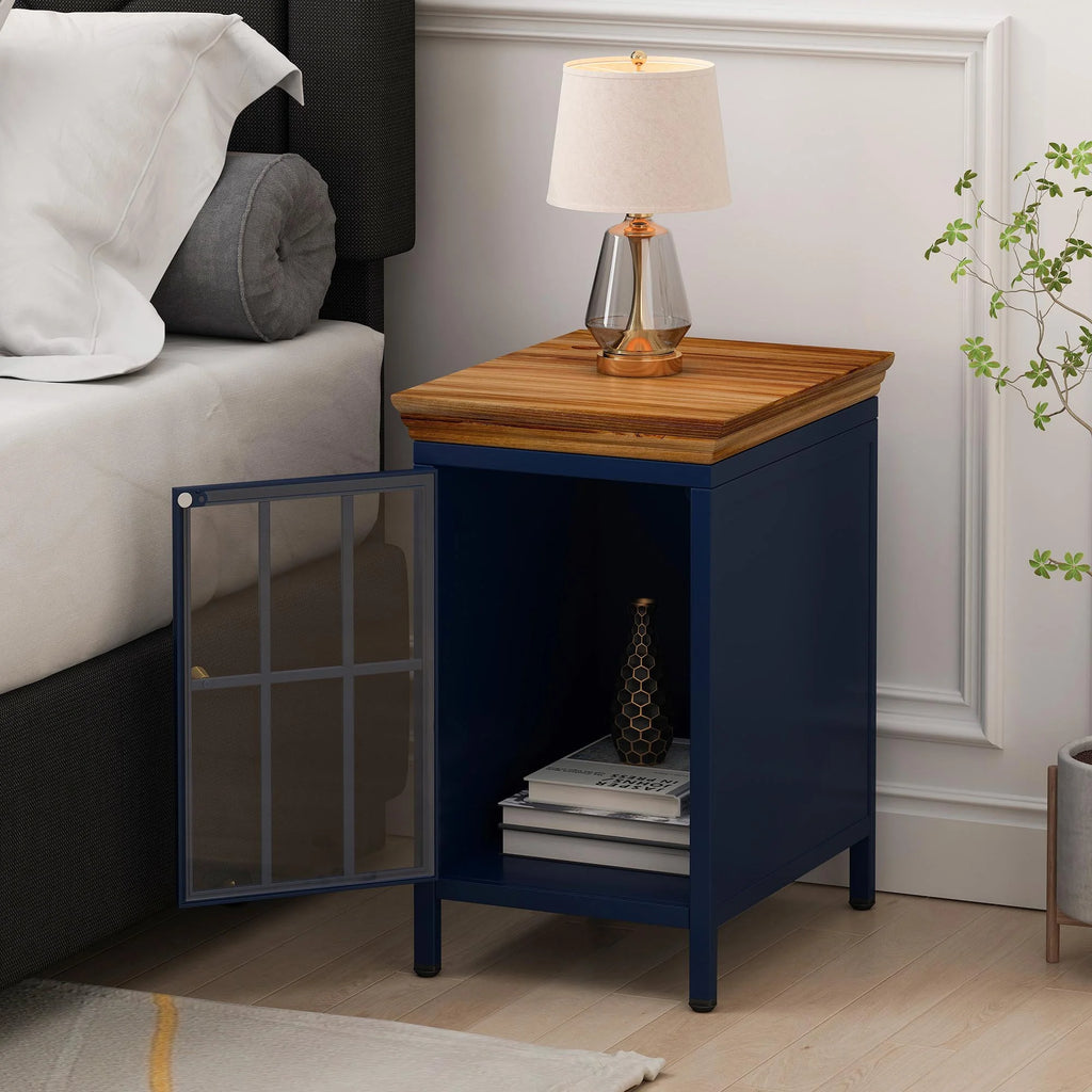 Nightstand with Storage Cabinet & Solid Wood Tabletop, Dark Blue E13761