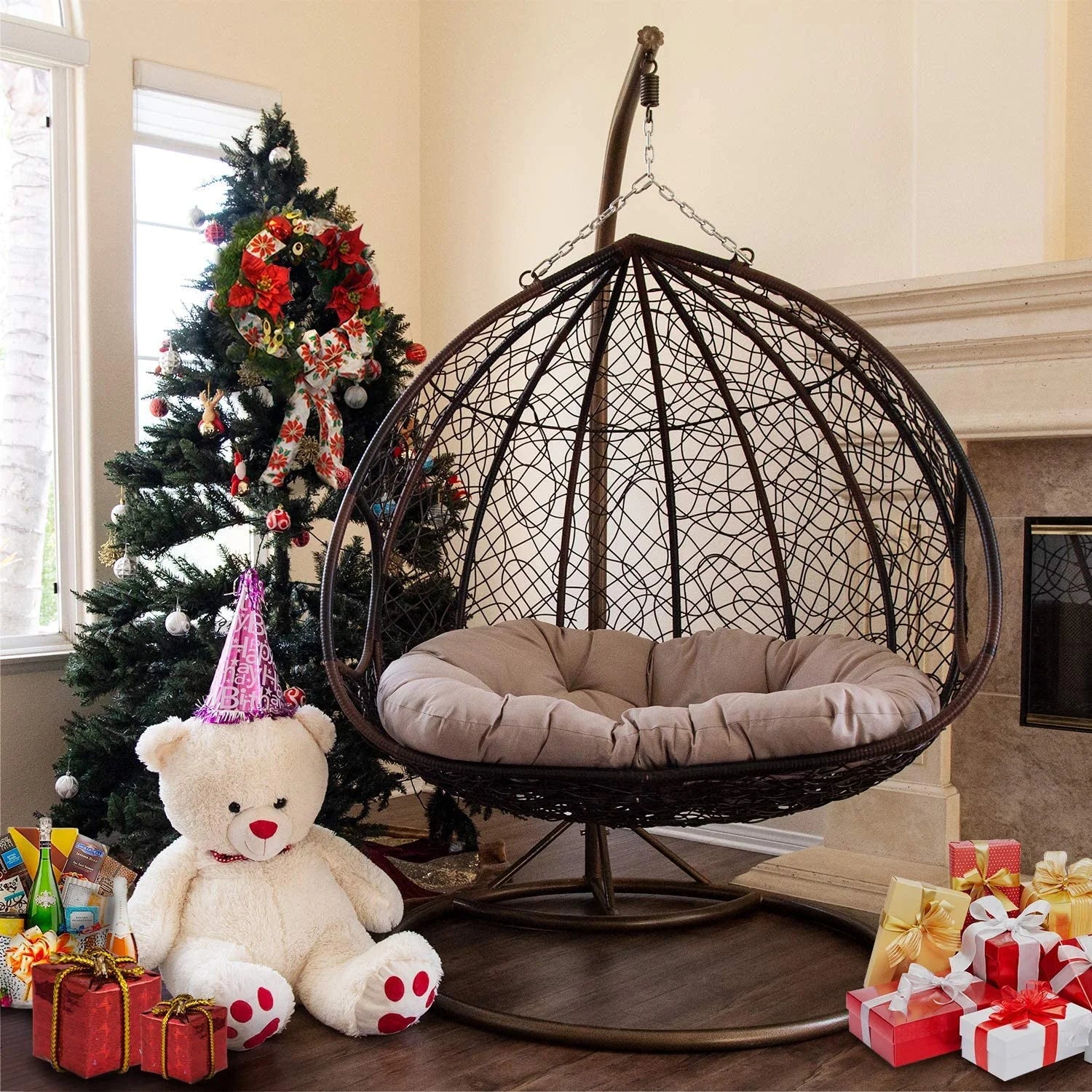 Gray Wicker Patio Swing Chair with Cushion Mat L69364