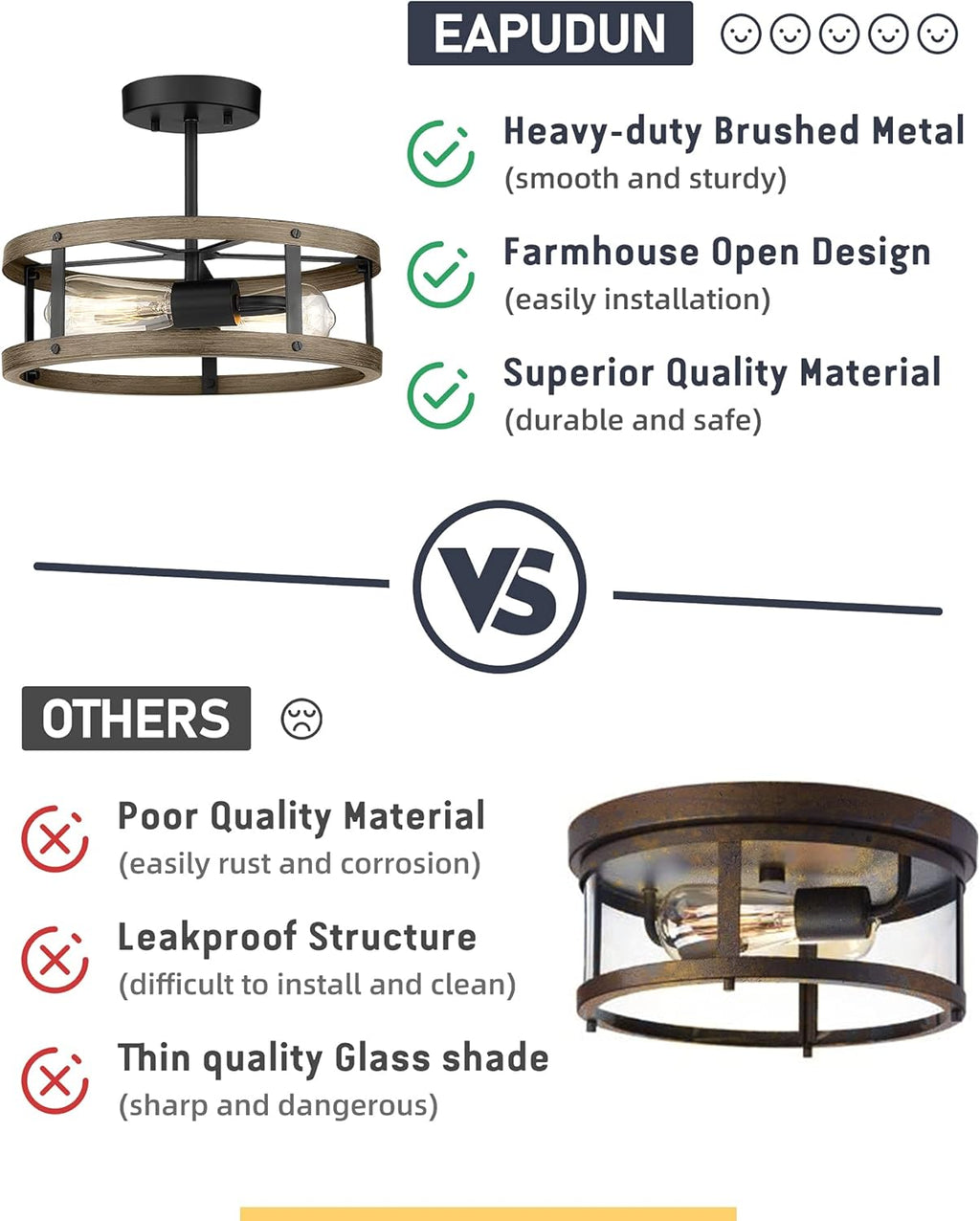 Farmhouse Semi Flush Mount Ceiling Lighting, 2-Light Metal Cage, 13 inches, Wood Grain and Matte Black Finish P998984