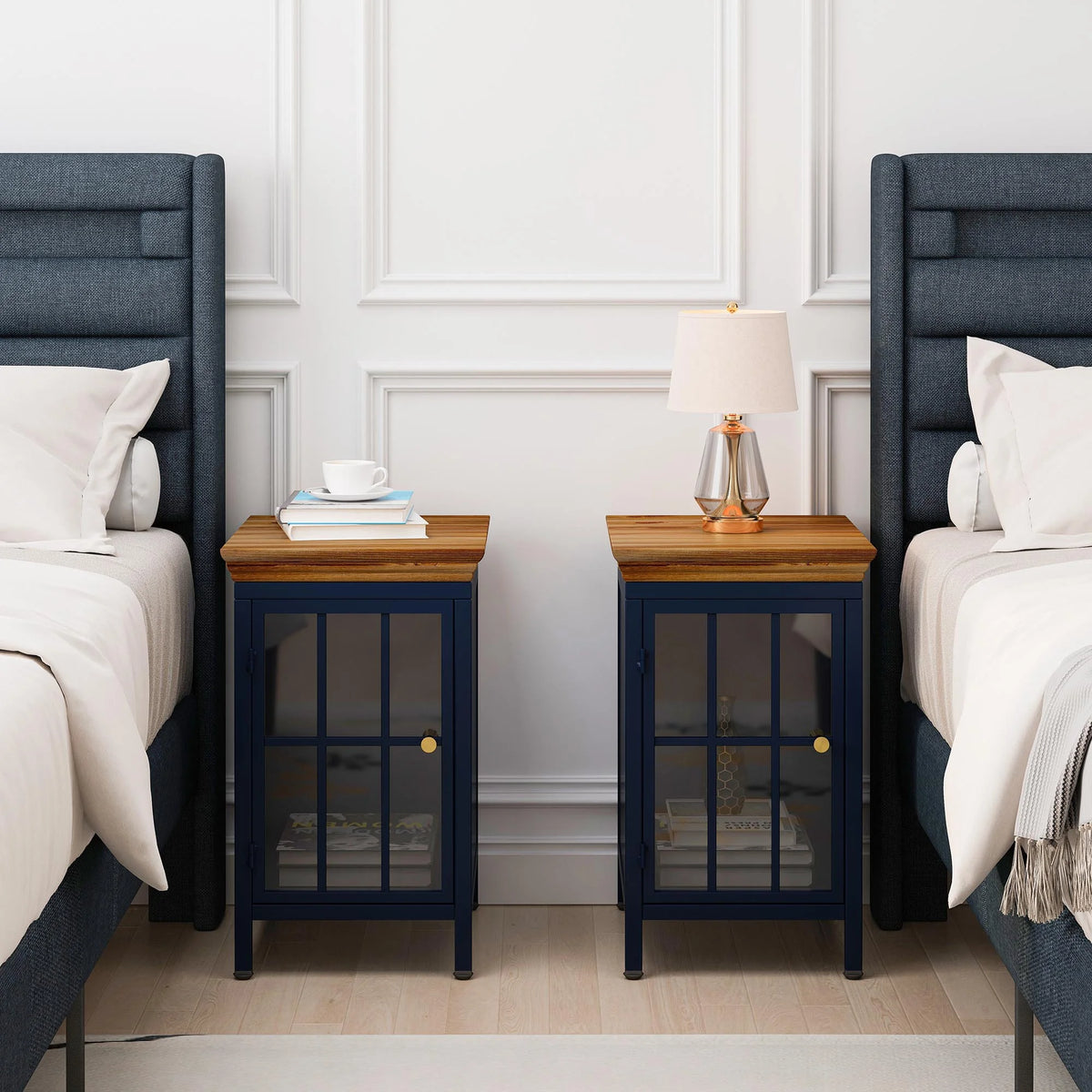 Nightstand with Storage Cabinet & Solid Wood Tabletop, Dark Blue E13761