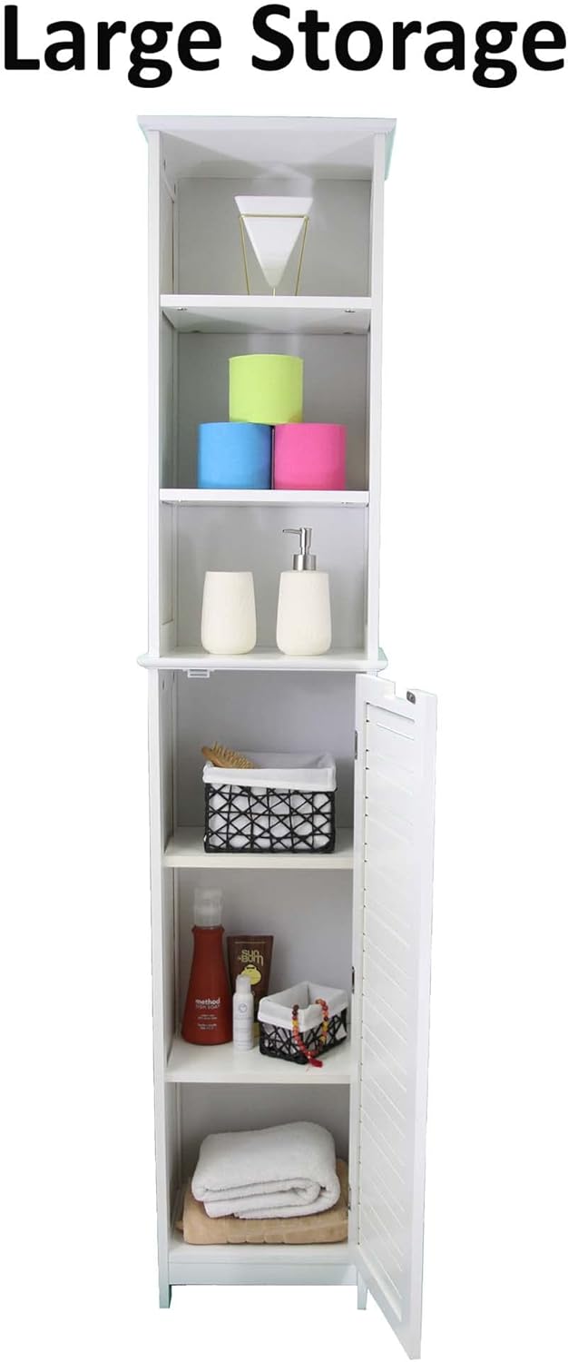 Freestanding Bath Linen Tower Cabinet 1 Door 3 Shelves Wood White O9665