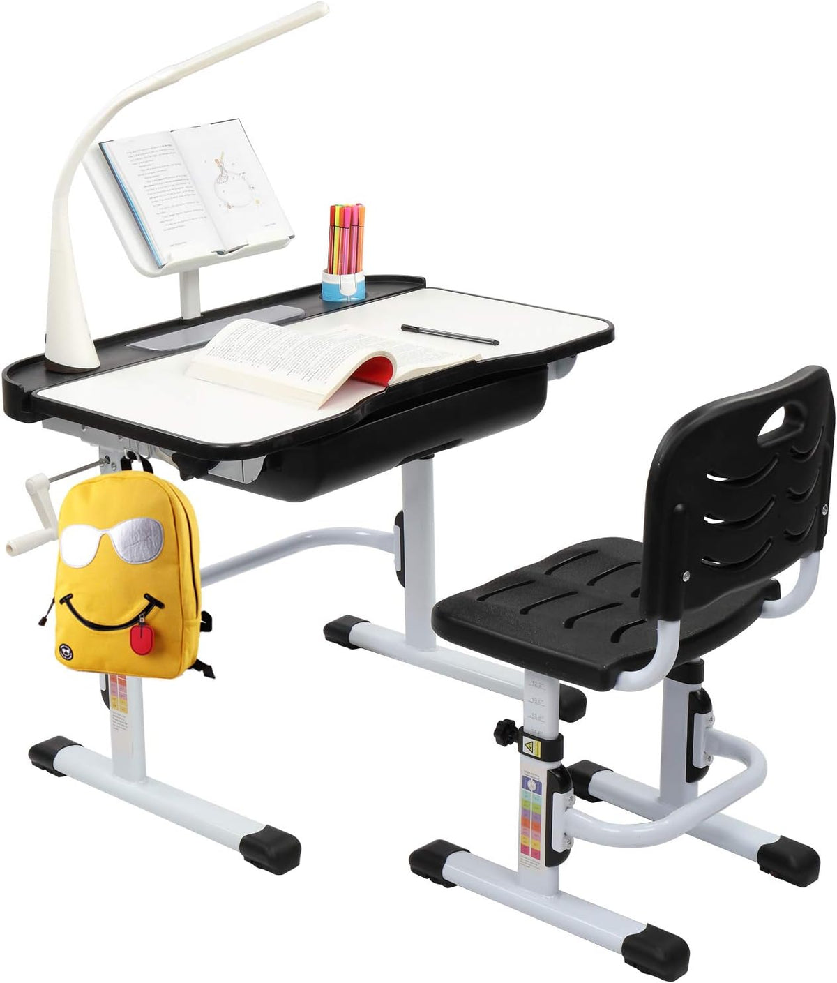 Grey Kids Desk Chair Set with Lamp, Height Adjustable Study Desk with Tilt Desktop, Pull Out Drawer Storage, Pencil Case, Bookstand, LED Light L5196
