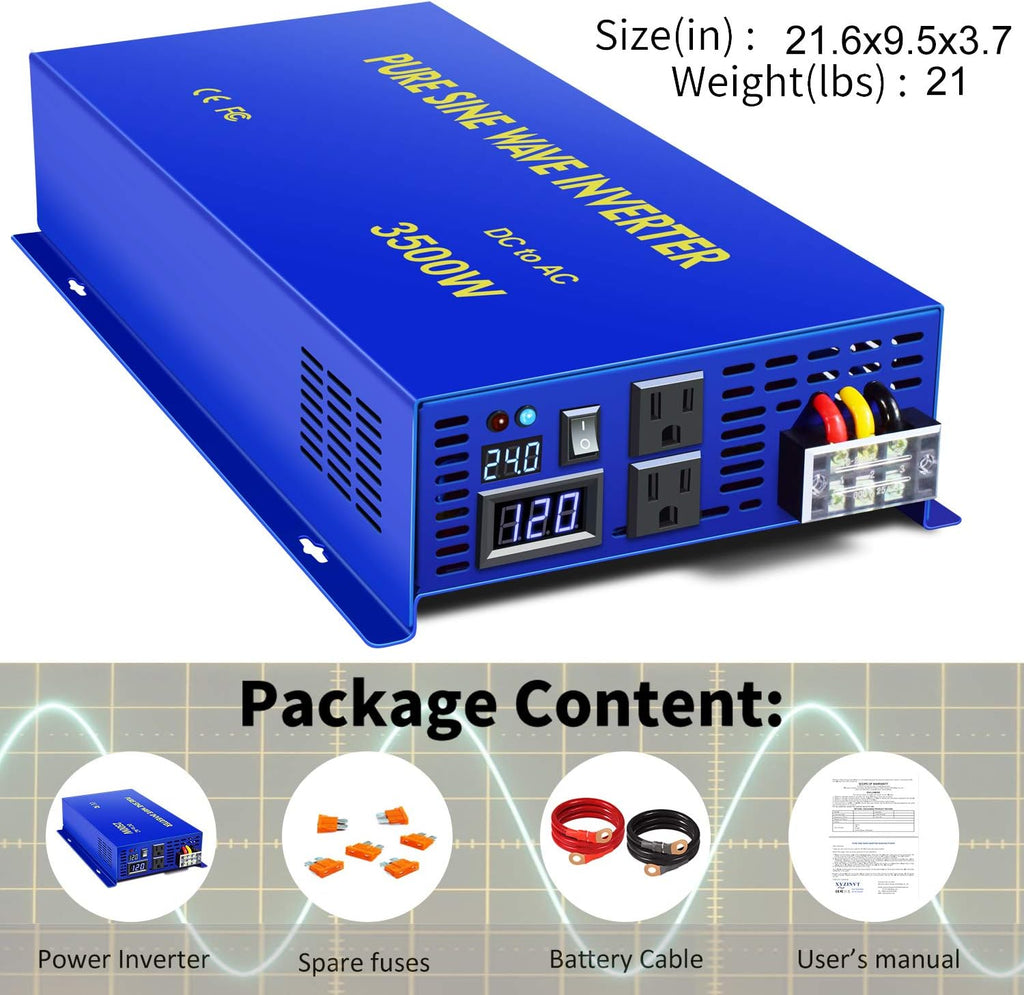 Pure Sine Wave Power Inverter 3500W / 7000W Peak DC 24V to AC 110V 120V with LCD Display G152