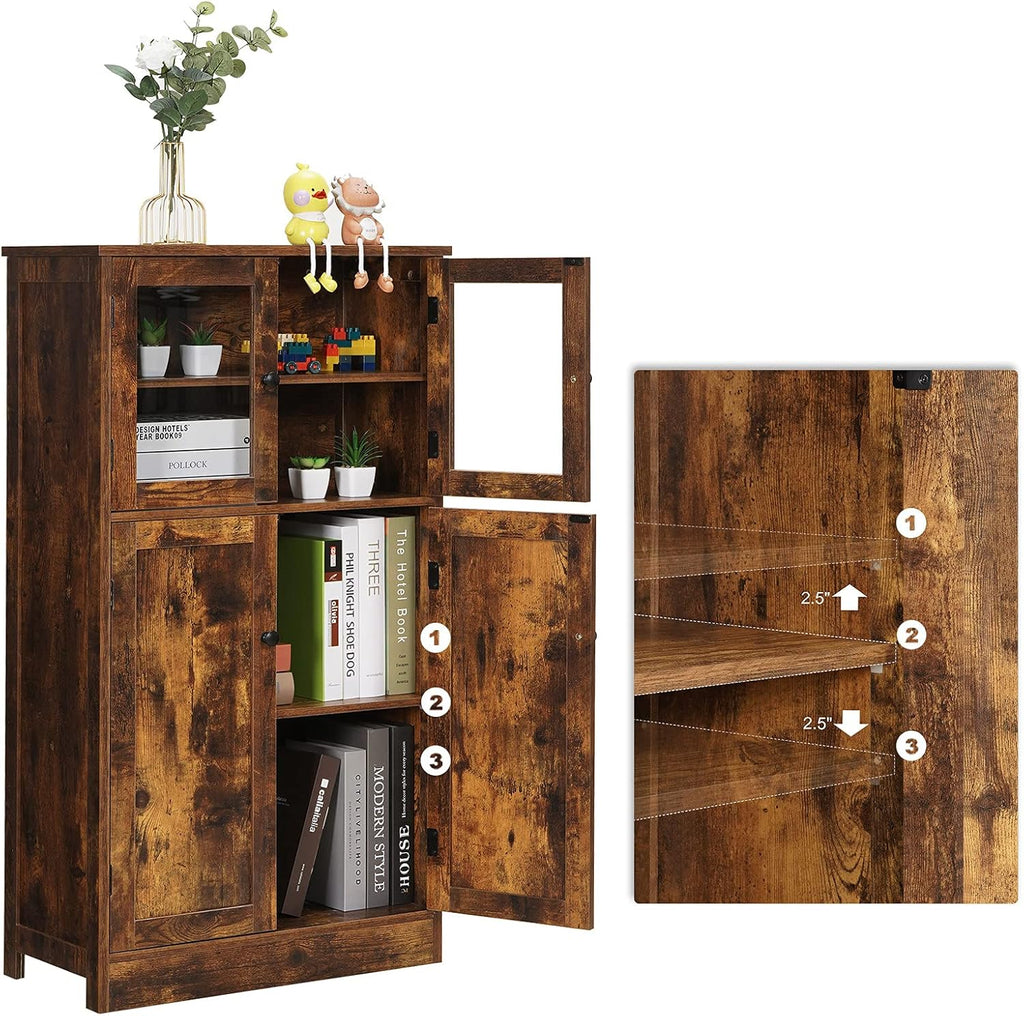 Rustic Brown Freestanding Bathroom Floor Storage Cabinet with Glass Door and Adjustable Shelf A72651