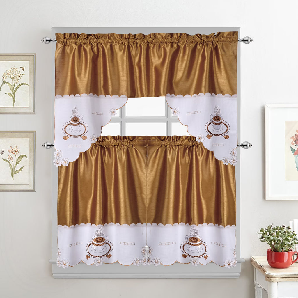 Gold Embroidered 3-Piece Kitchen Curtain Tiers & Swag Set, 58x36 & 28x36 inches T89259