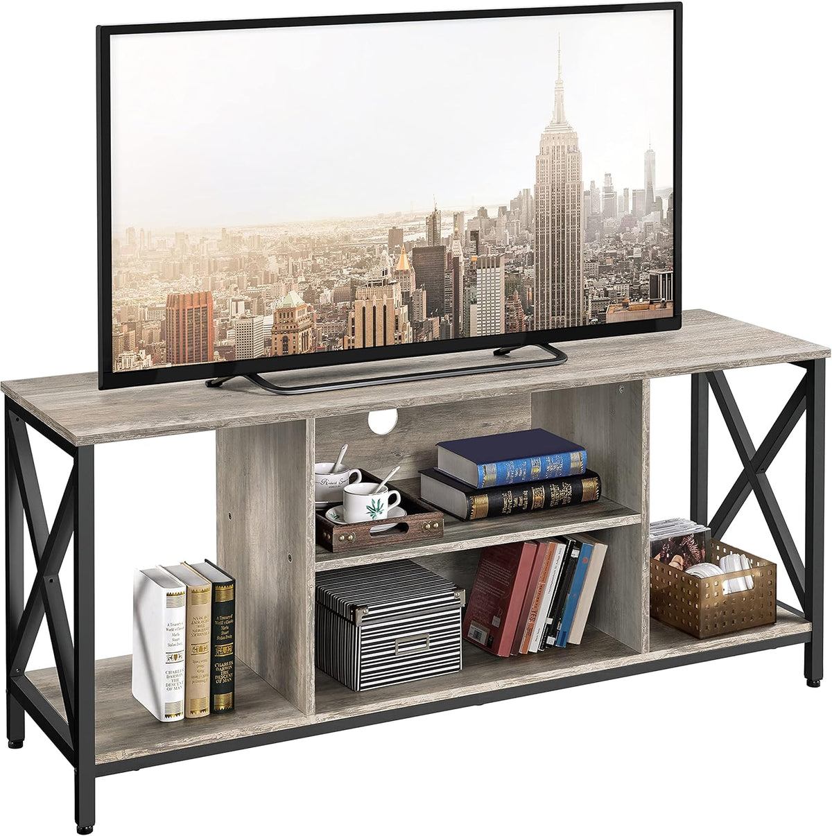 Gray Wood TV Stand with Storage Shelves W4000