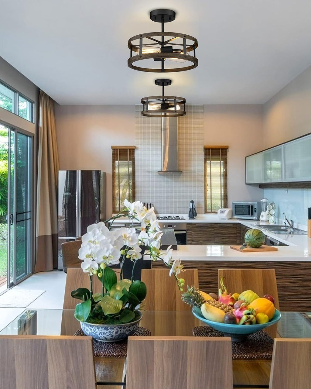 Farmhouse Semi Flush Mount Ceiling Lighting, 2-Light Metal Cage, 13 inches, Wood Grain and Matte Black Finish P998984