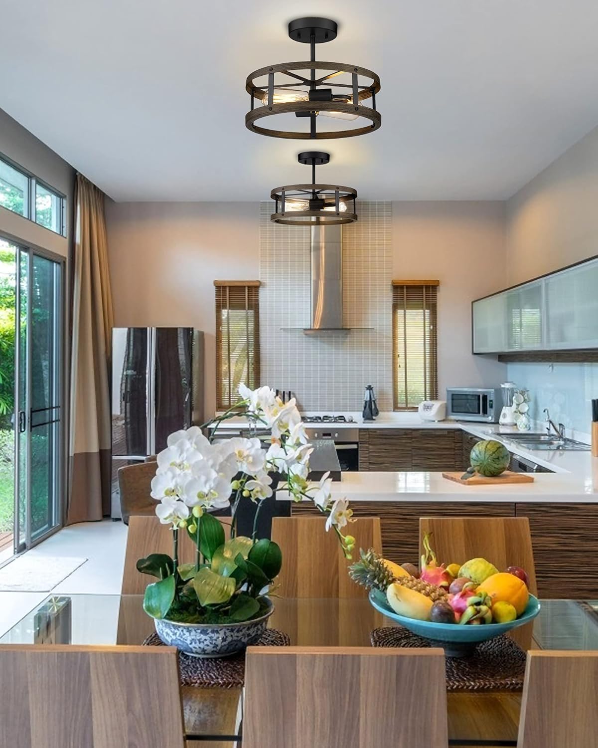 Farmhouse Semi Flush Mount Ceiling Lighting, 2-Light Metal Cage, 13 inches, Wood Grain and Matte Black Finish P998984