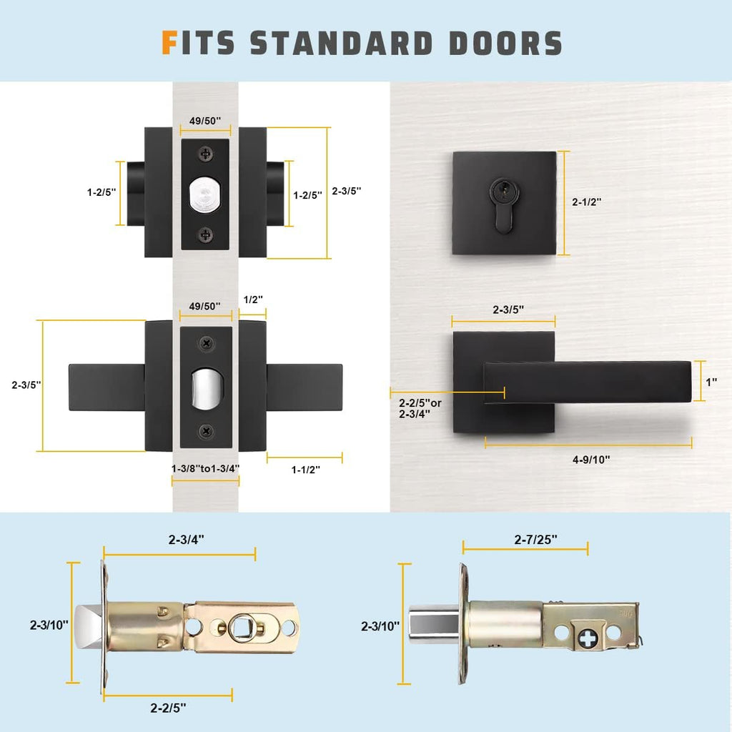 6 Pack Square Matte Black Door Handle Set with Double Keyed Deadbolt H90397