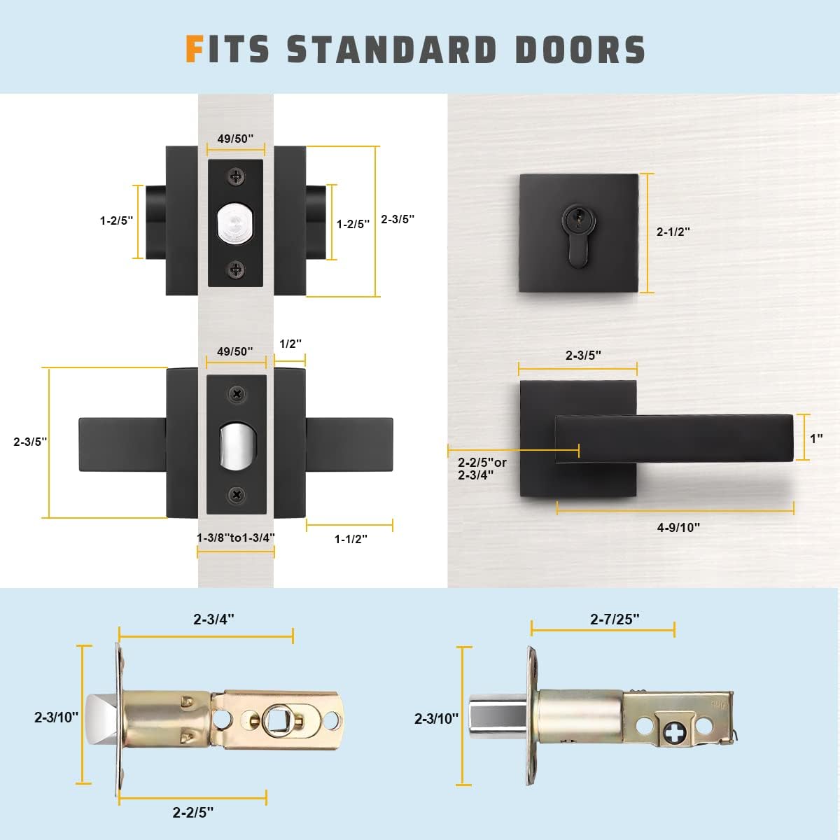 6 Pack Square Matte Black Door Handle Set with Double Keyed Deadbolt H90397