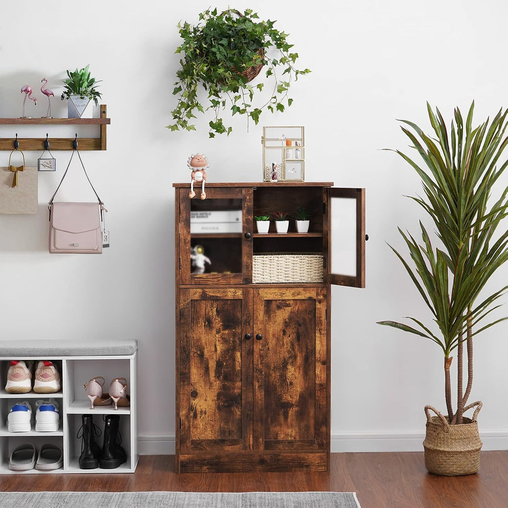 Rustic Brown Freestanding Bathroom Floor Storage Cabinet with Glass Door and Adjustable Shelf A72651