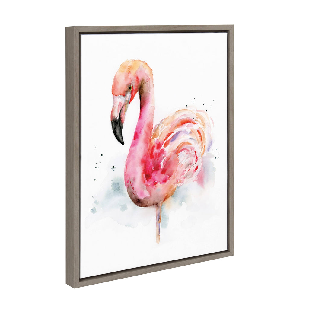 Pink and Coral Flamingo Framed Watercolor Print on Canvas, Gray 18 x 24 J95041