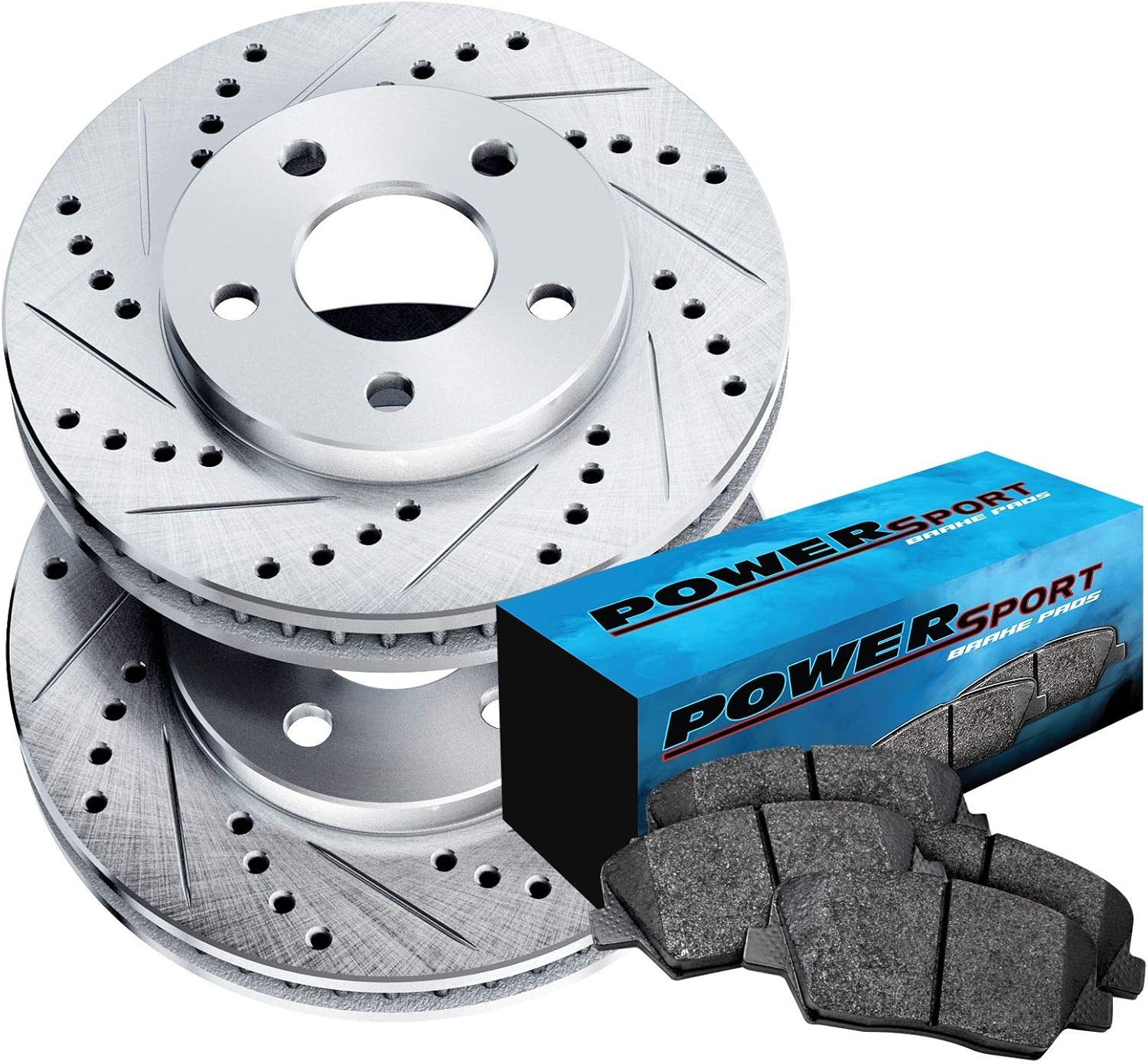 Silver Drilled Slotted Brake Rotors and Semi Metallic Brake Pads X964