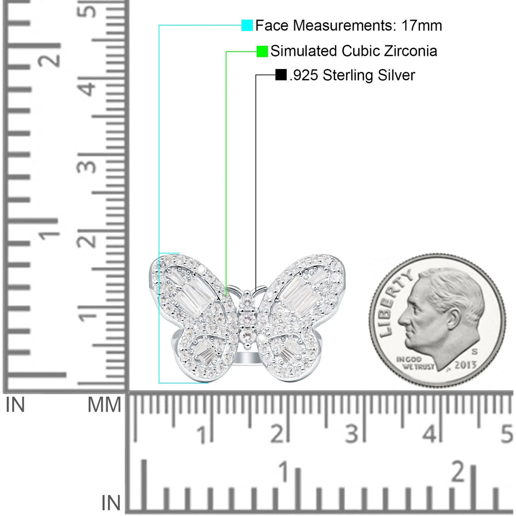 Cluster Butterfly Ring Baguette Cubic Zirconia White Tone 925 Sterling Silver B319