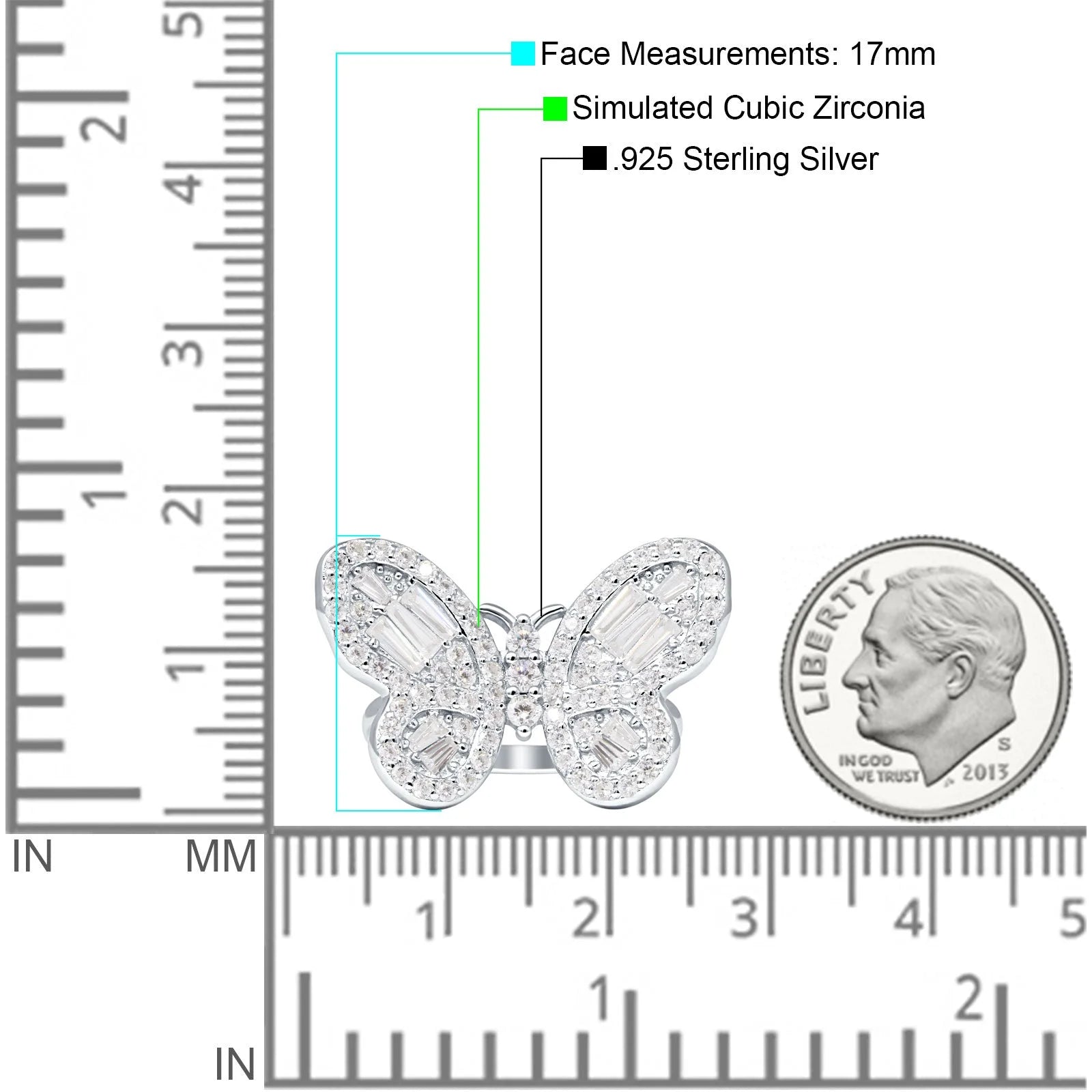 Cluster Butterfly Ring Baguette Cubic Zirconia White Tone 925 Sterling Silver B319