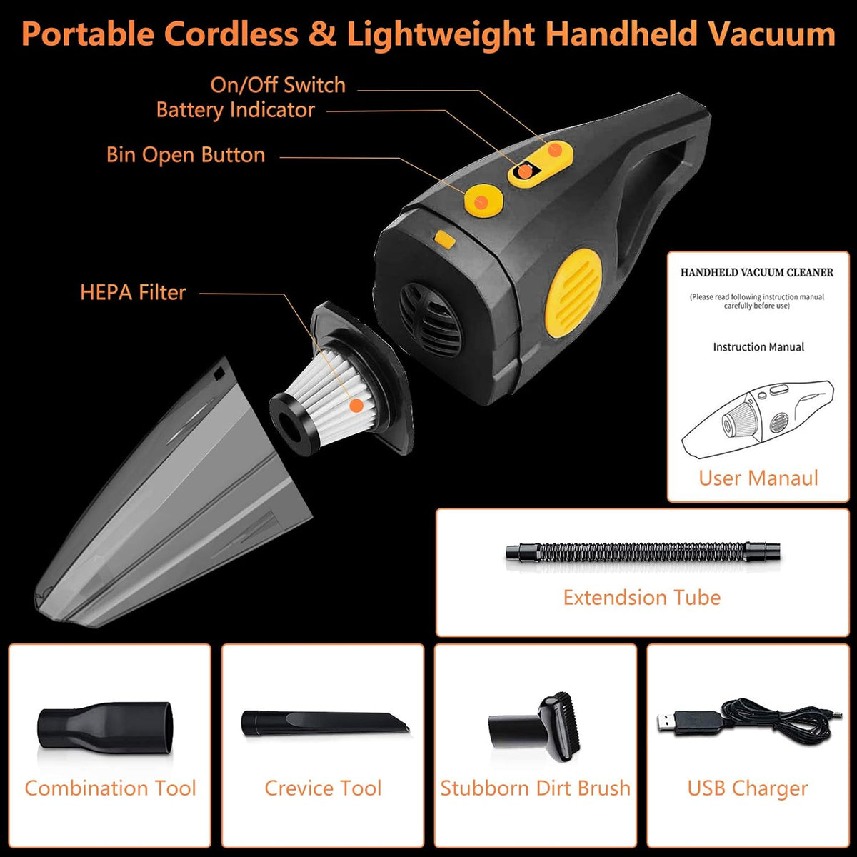 Portable Cordless Handheld Vacuum Cleaner, 150W, 8000PA, Wet & Dry, Grey & Yellow O1611