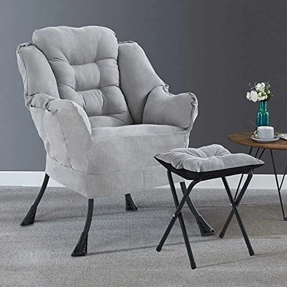 Beige Lazy Chair Single Sofa with Bench Armchair Footstool Side Pockets P7323