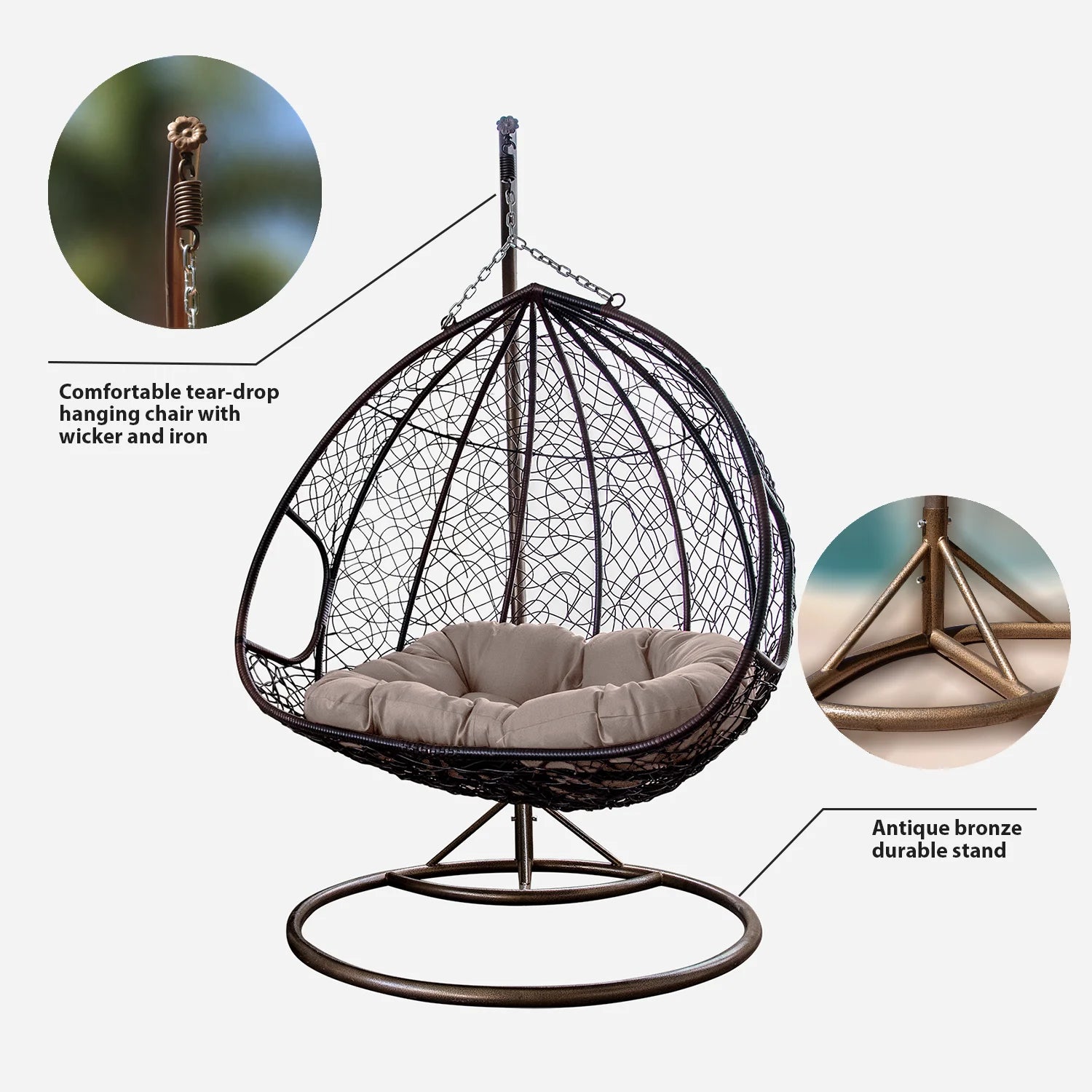Gray Wicker Patio Swing Chair with Cushion Mat L69364