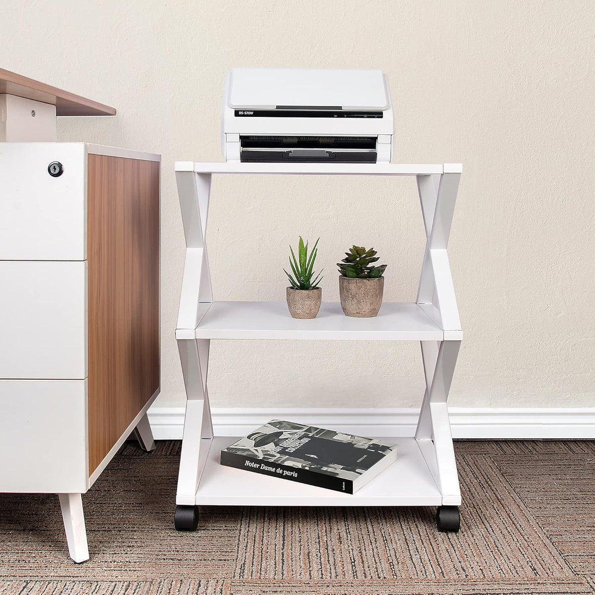 White 3 Tiers Printer Stand Cart with Storage Shelf on Wheels H612710