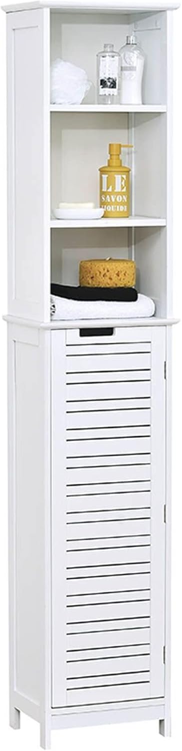 Freestanding Bath Linen Tower Cabinet 1 Door 3 Shelves Wood White O9665