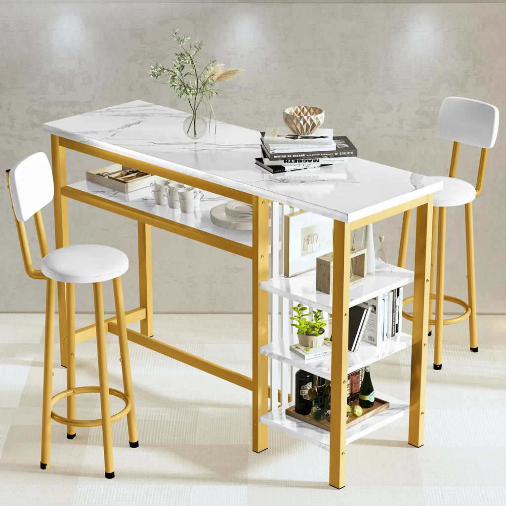 White Gold Bar Table Set with 2 PU Upholstered Stools and 4 Storage Shelves W191