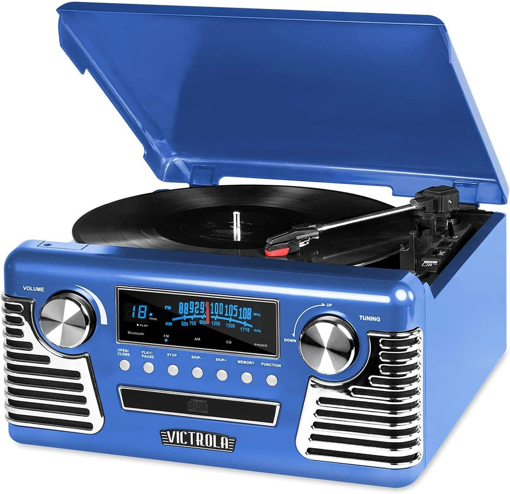 Retro Bluetooth Record Player with Built-in Speakers, 3-Speed Turntable, CD Player, AM/FM Radio, Black I16830