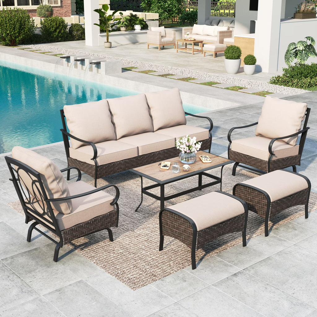 7-Seat Patio Conversation Set with 3-Seat Sofa, Rocking Chairs, Ottomans & Table, Black & Beige U129701