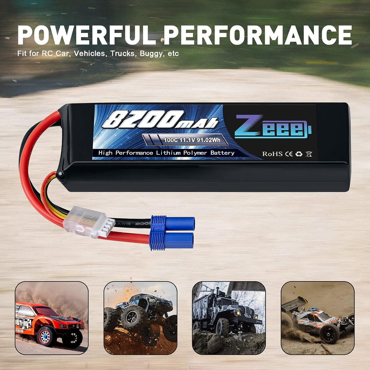 3S 8200mAh 11.1V 100C EC5 Connector Soft Case Lipo Battery (2 Pack) V2618