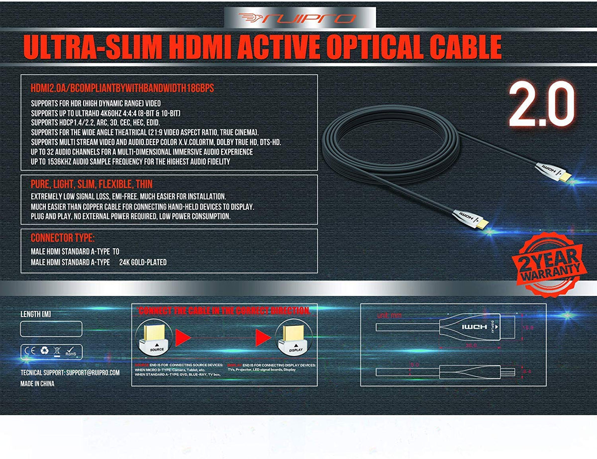 HDMI 2.0b Fiber Optic Cable 50ft 4K 60Hz 18Gbps U495