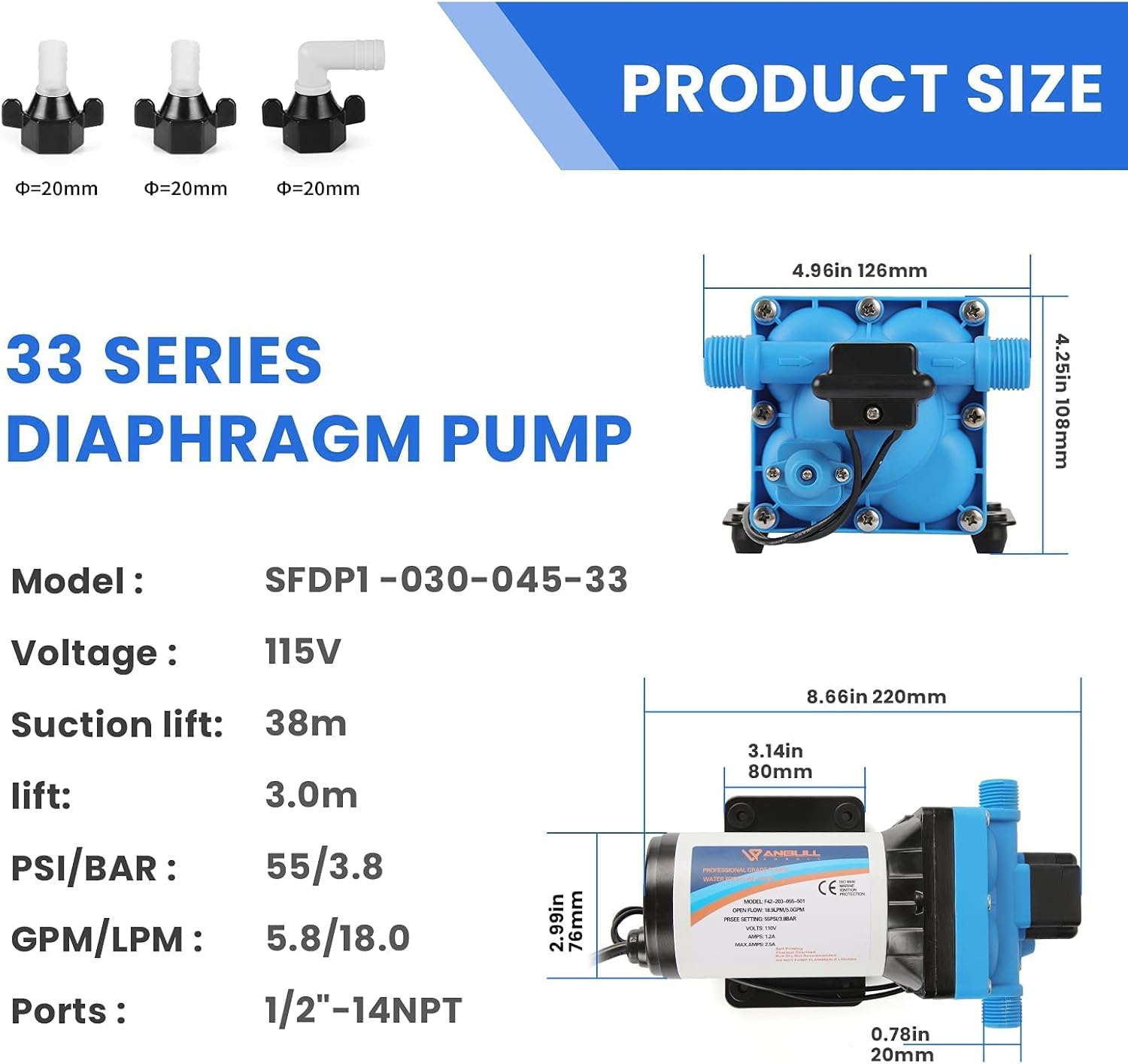 Self Priming Water Pump 110V 5.0GPM 55PSI Diaphragm Pump with Filter J27683