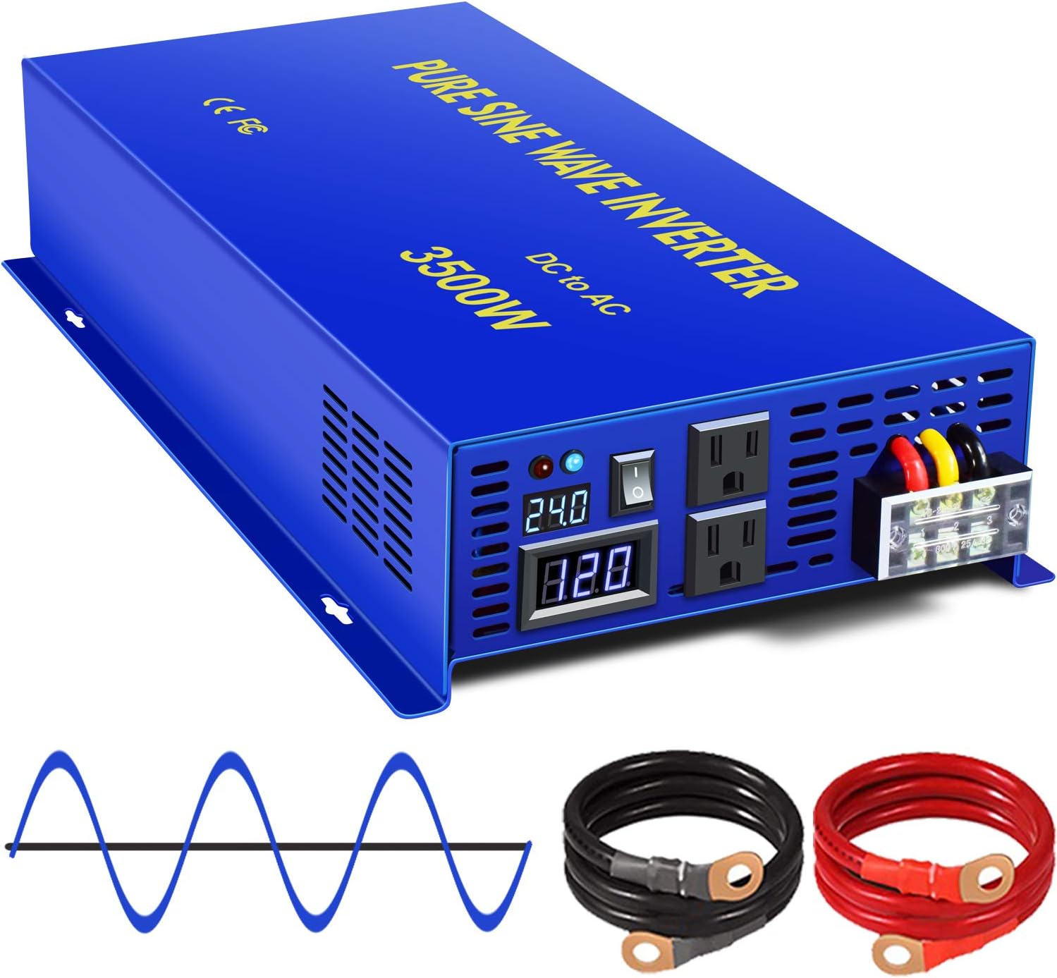 Pure Sine Wave Power Inverter 3500W / 7000W Peak DC 24V to AC 110V 120V with LCD Display G152