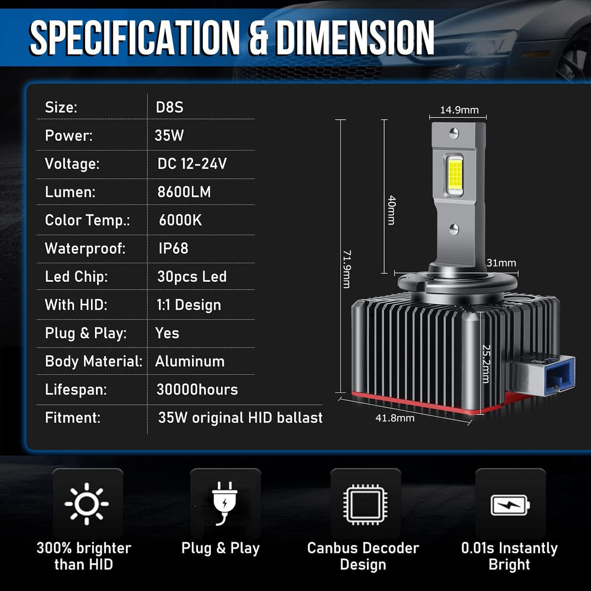 D8S LED Headlight Bulbs 8600LM 6000K 70W C687287