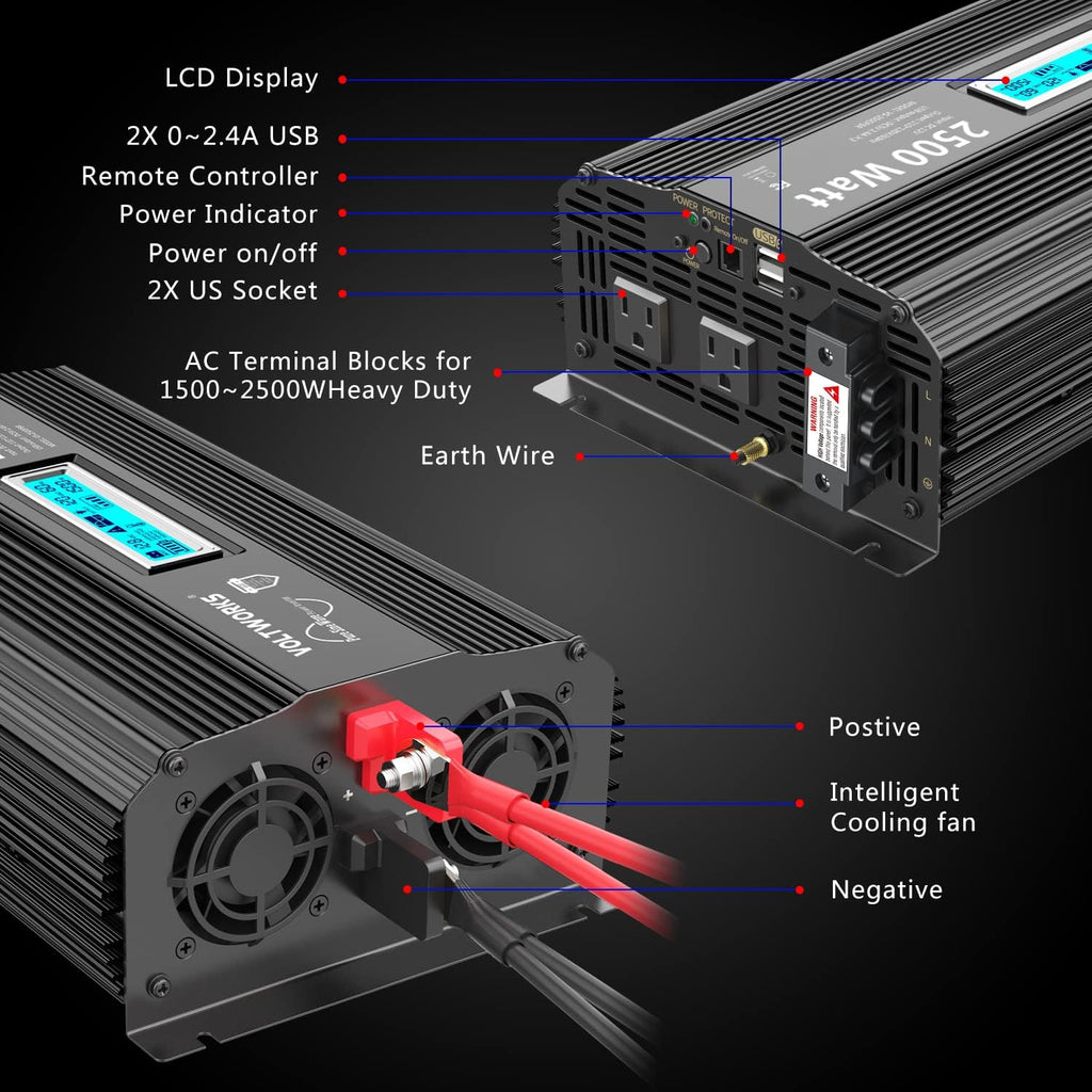 2500 Watt Car Power Inverter DC 12V to 110V-120V AC with LCD Display 2 AC Outlets 2 USB Ports V776776