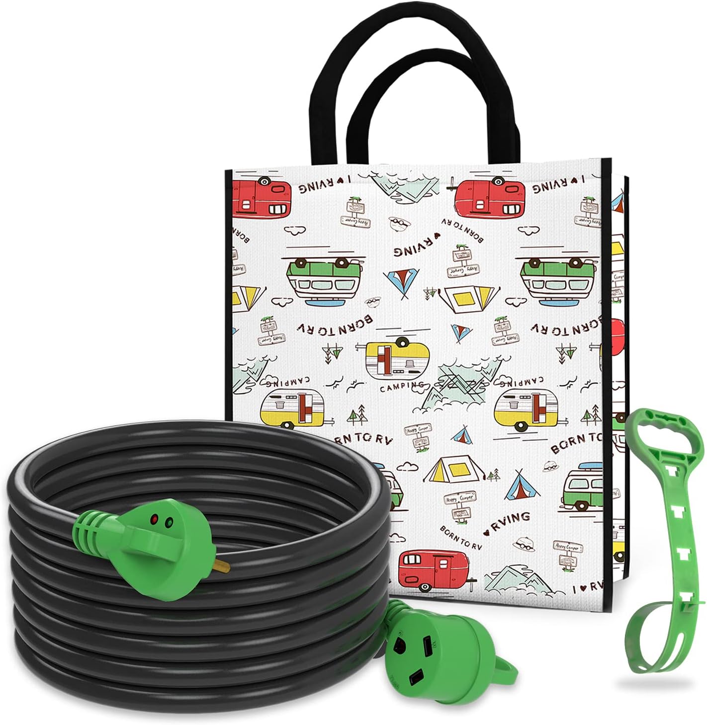 RV Detachable Power Cord 30A 50FT with Polarity LED Indicator, TT-30P Male to L5-30R Locking Female, Storage Bag and Plastic Strap V543