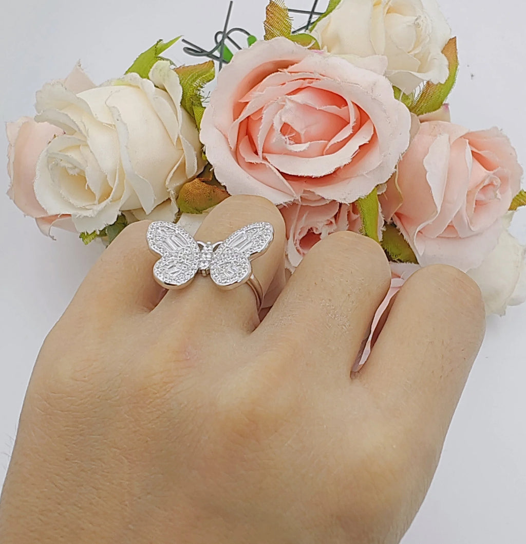 Cluster Butterfly Ring Baguette Cubic Zirconia White Tone 925 Sterling Silver B319