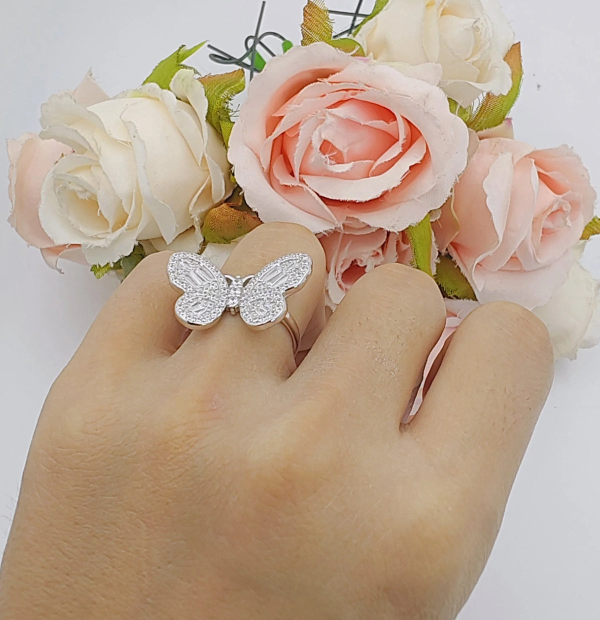 Cluster Butterfly Ring Baguette Cubic Zirconia White Tone 925 Sterling Silver B319