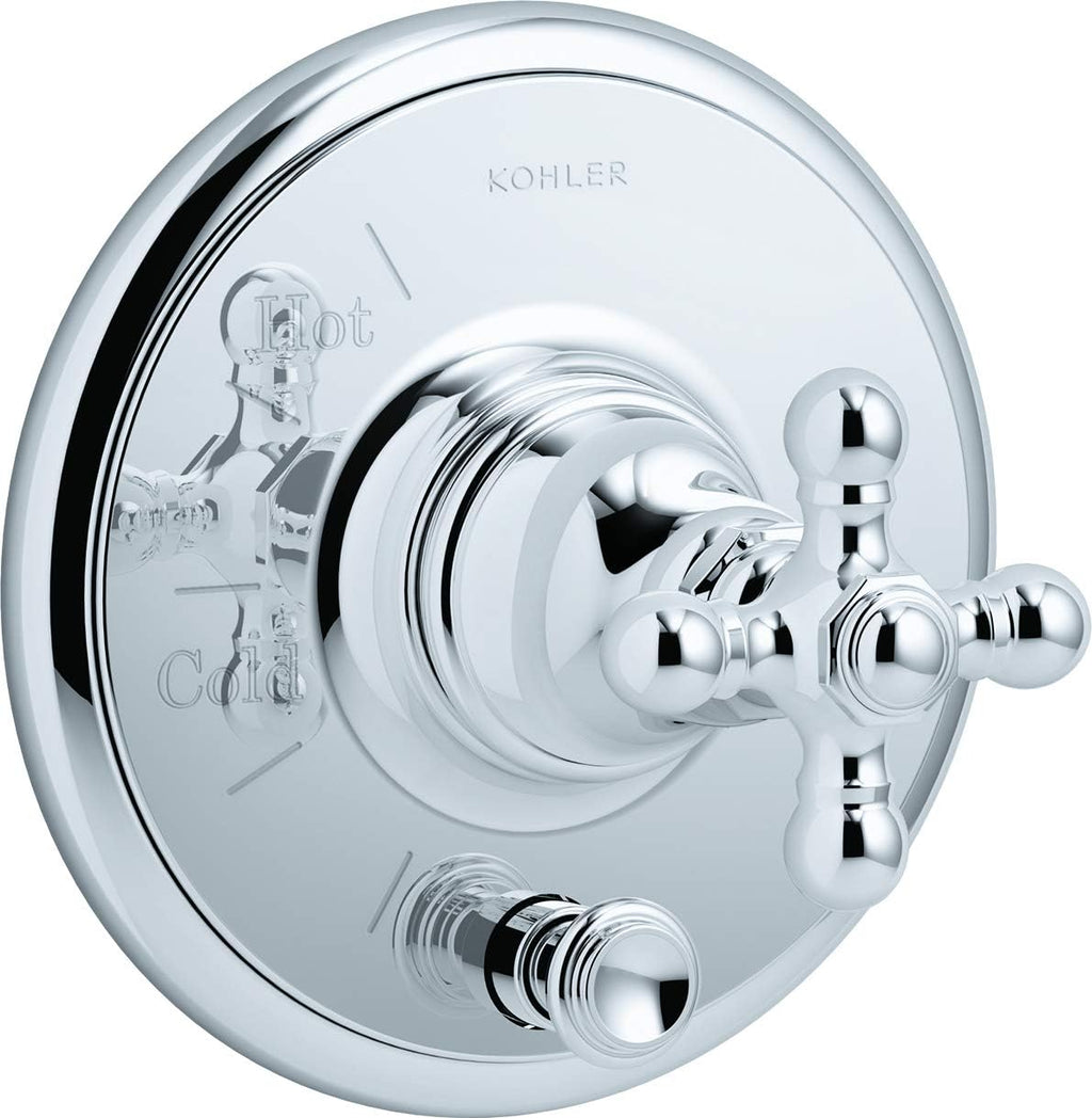 Polished Chrome Dual Function Pressure Balanced Valve Trim with Single Cross Handle and Integrated Diverter K864951