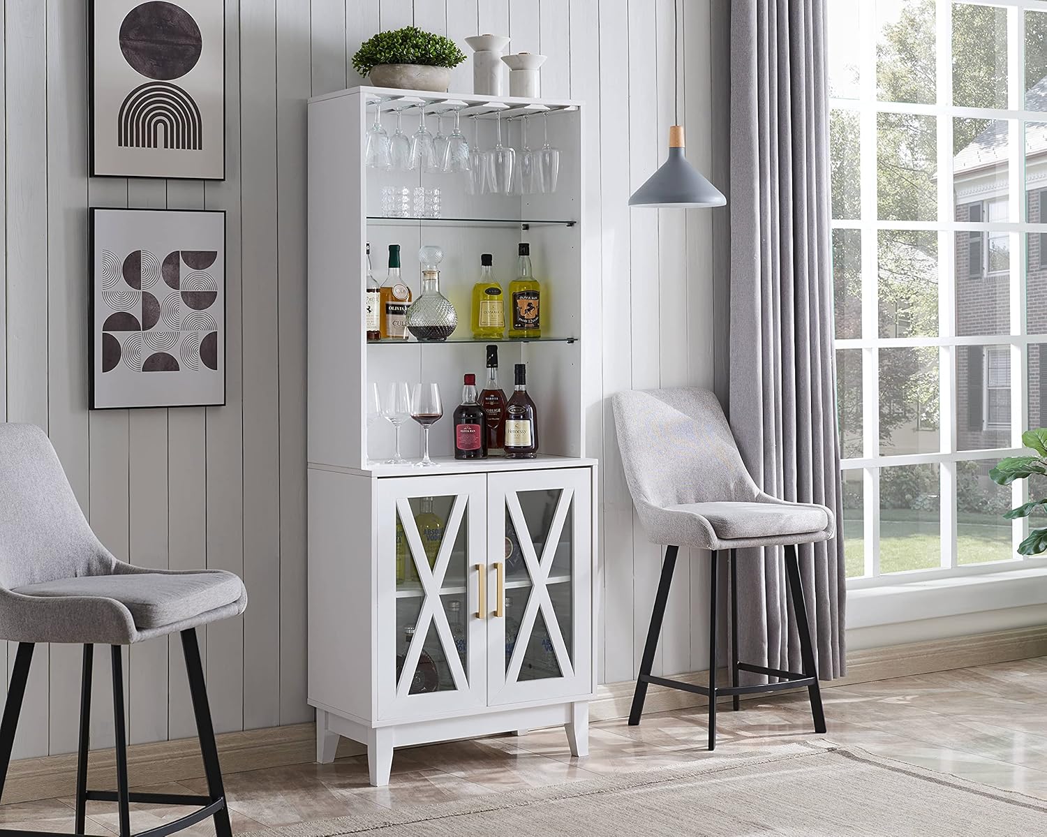 Grey Wash China Cabinet with Glass Shelves and Wire Mesh Doors M379233