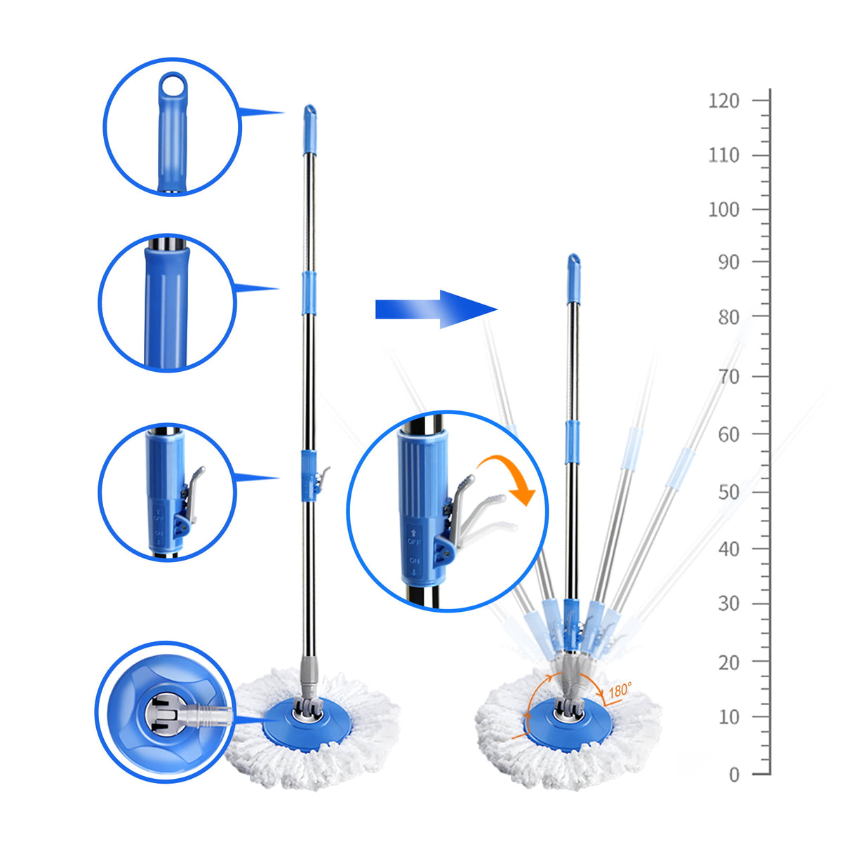 Spin Mop and Bucket System with Wringer, 5 Microfiber Mop Heads J362787
