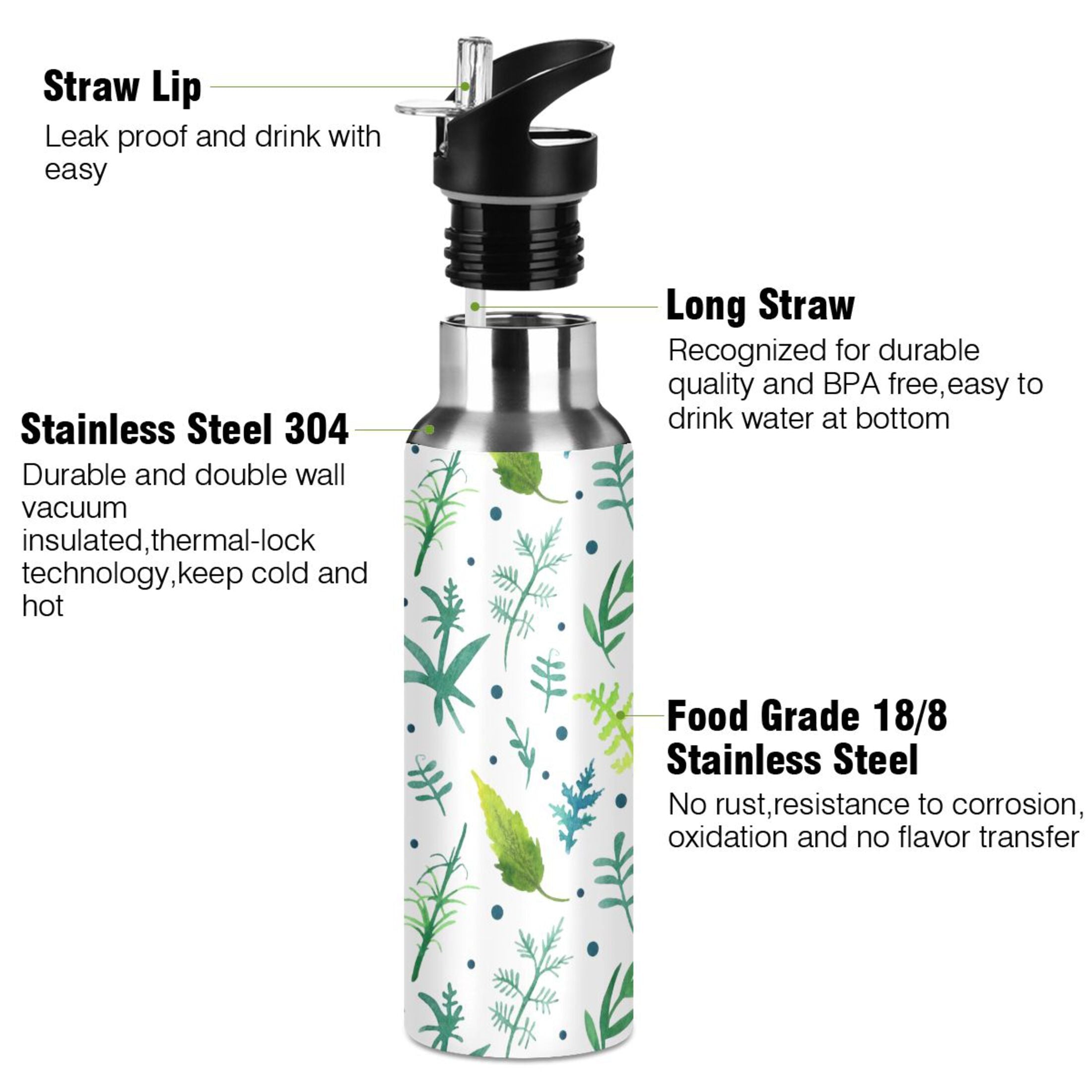 Green Water Bottles Insulated Thermos Kids Stainless Steel Bottle with Straw Lid Flask Leakproof 20 oz Z352